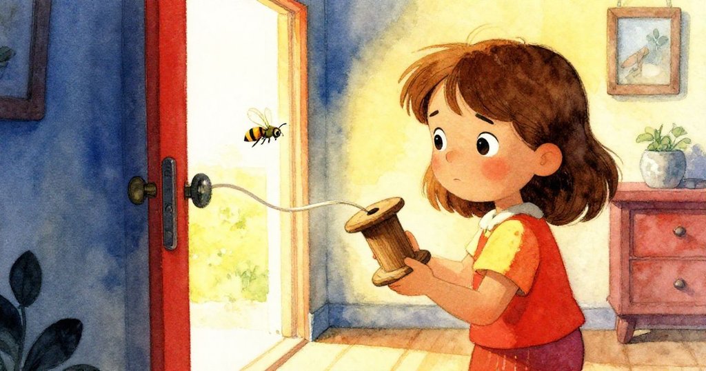 在柔和琥珀光中，Petra穩住軸心，絲帶漸鬆，小黃蜂在開門邊輕舞，轉化緊張為寧靜