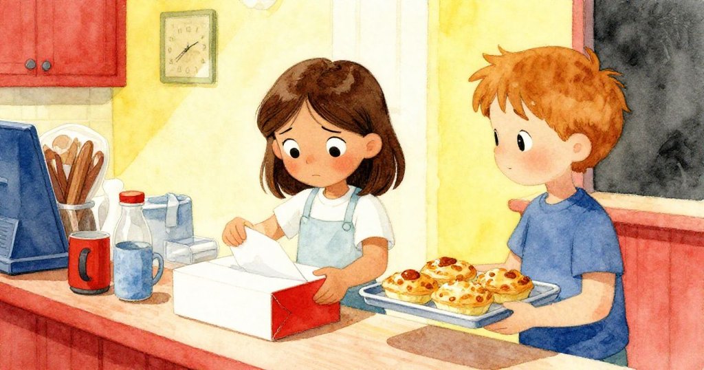 Briar捧著金糕點盤，Petra專心摺疊紙盒，兩人互動中展現默契與堅定，現場充滿溫馨氛圍