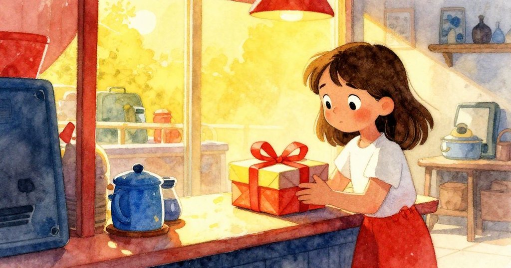 在夕陽餘暉中，Petra滿懷成就欣賞完美包裝盒，絲帶輕搖於桌上，房間溫暖祥和洋溢滿足情懷