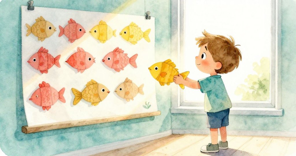 Finn站在明亮窗邊，修補魚棒在排列紙板魚旁，太陽投下溫暖輪廓，充滿期待與喜悅。