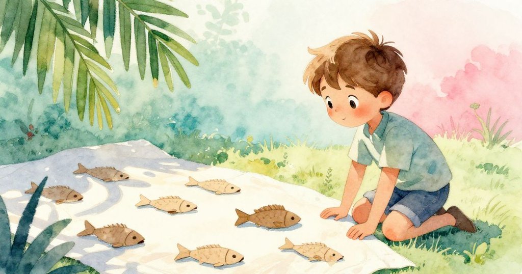 Finn跪下仔細觀察紙板魚影向上彎曲的形狀，空隙間散發肥皂香，充滿好奇心和細膩溫柔。