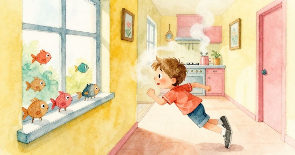 從Finn背後角度看，他急步走向散發辣味蒸氣的廚房，身後窗台上整齊擺著紙板魚，充滿動態與期待。