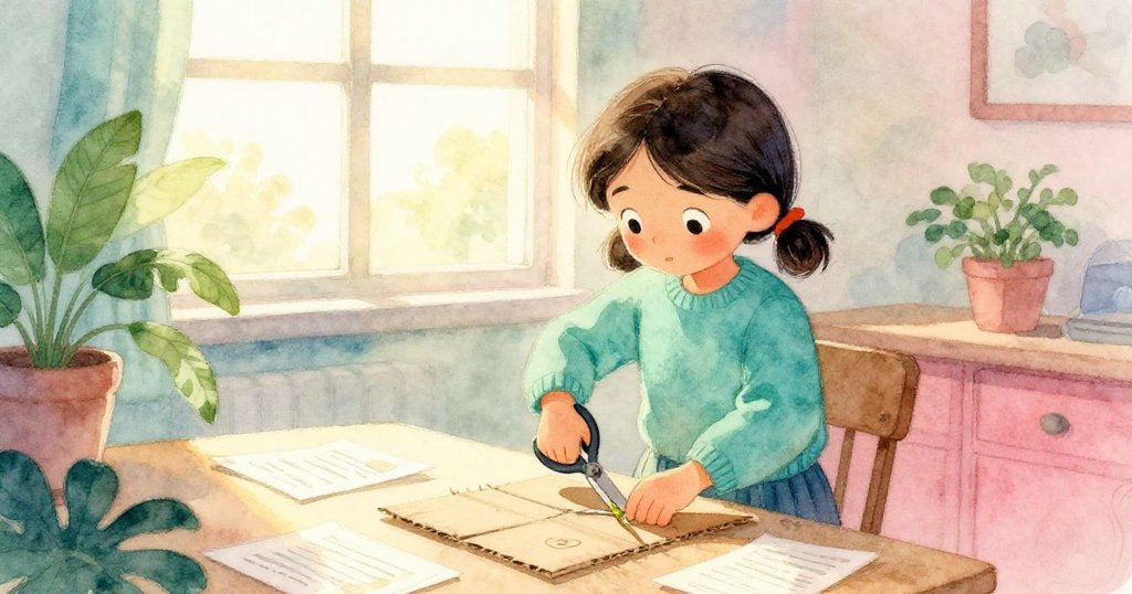 Clara坐在溫馨桌旁，用剪刀仔細修剪紙板形狀，桌上散落筆記，陽光柔和灑入室內，充滿溫暖創意。
