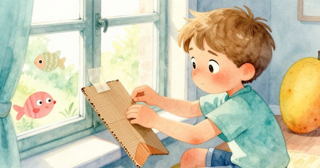 Finn專注地調整窗台上紙板魚，用手按壓鬆動膠帶，臉上流露出堅定與小小擔憂，充滿解決挑戰的努力。