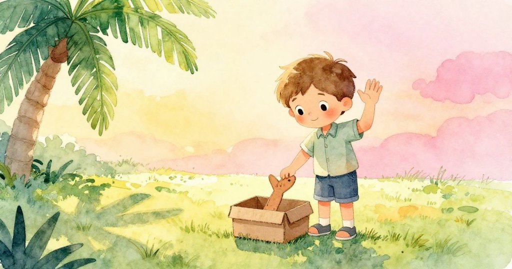 Finn將最後一塊紙板魚小心放入鞋盒中，臉上帶著溫柔微笑，向逐漸遠去的日光告別，感受到一天創作的圓滿落幕。