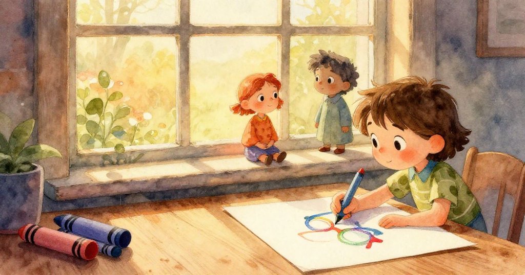 Quinn在溫暖室內專心畫畫，桌上散落蠟筆，Kit靜靜觀察窗外光影，情緒平和，預示故事開始。