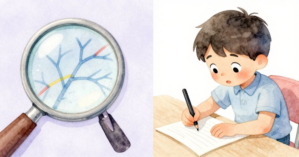 Kit分屏觀察放大鏡中藍色紋路與紅黃線條，另一面專注記錄筆記，展現科學探索與創造力。