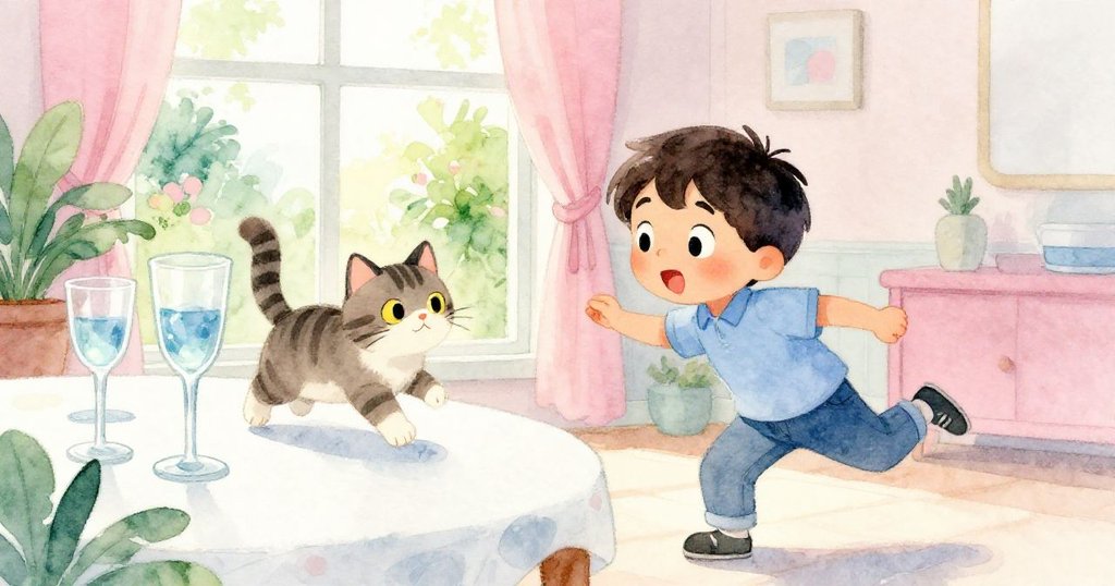 陽光透窗灑入室內，貓從椅上躍上桌邊，Kit急歸現場，室內外氛圍明快生動。