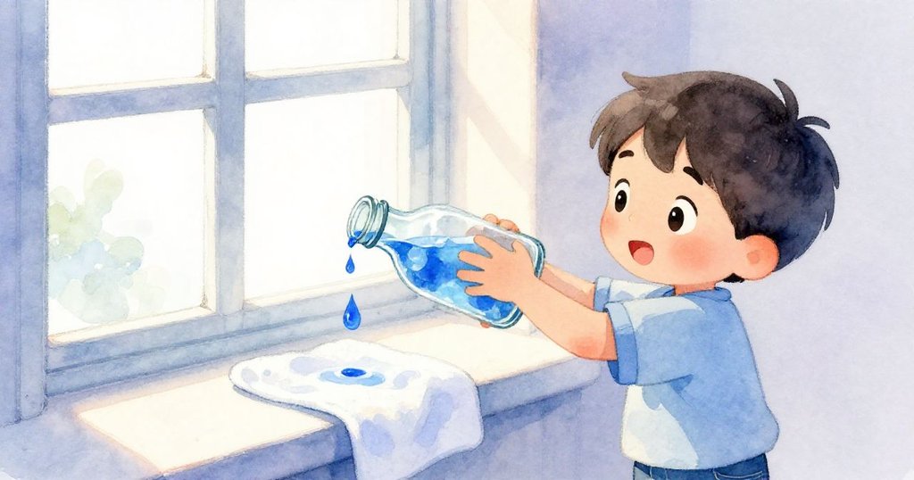 Kit輕搖空瓶後，一滴藍珠緩落紙巾上，滾向窗台，象徵實驗結束與新的啟程，氛圍平靜。