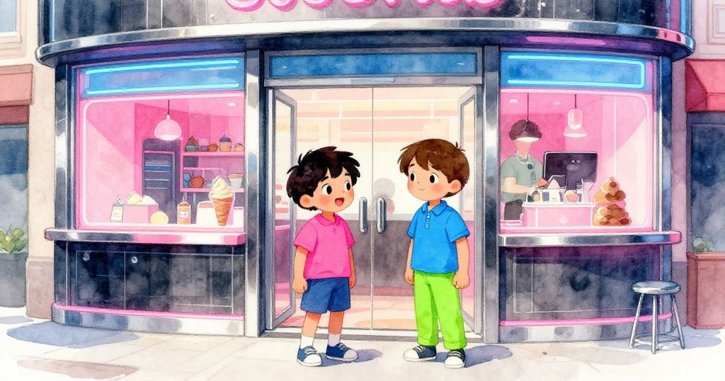 Felix 與 Ronan 站在現代冰淇淋店外，霓虹粉與電藍燈光映襯，兩人滿懷期待地迎接溫馨美好的午後。