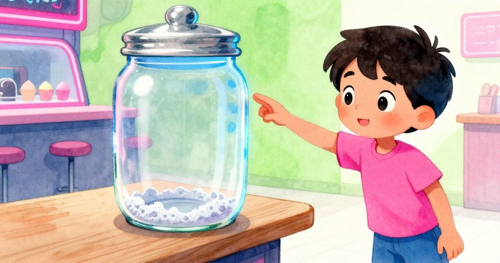 Felix 的手輕觸陳列架上覆有霜環的空灑糖罐，店內木質背景與現代氛圍中展現專注好奇的心情。