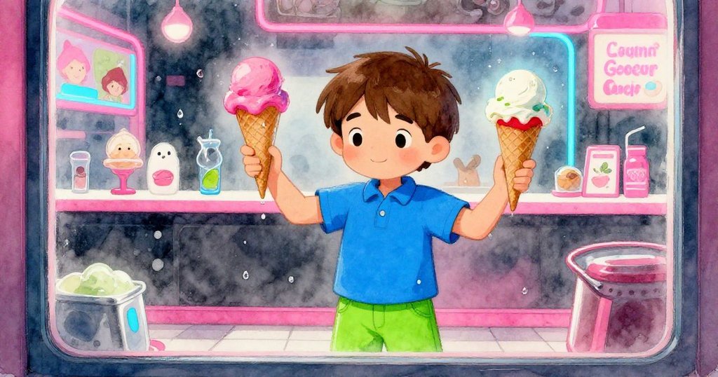 透過霧面玻璃可見 Ronan 小心平衡著兩個冰淇淋球，玻璃上滴落的水珠映出店內繁忙卻溫暖的情景。