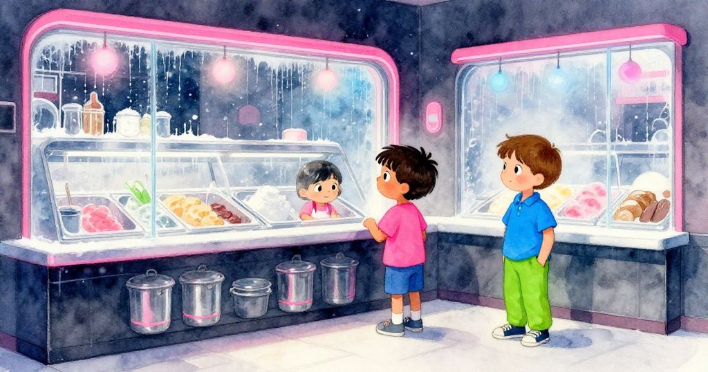 Felix 與 Ronan 在店內靜賞窗上冰晶與鋼製細部交織成冬日氛圍，溫暖光影中流露出專注與讚嘆。