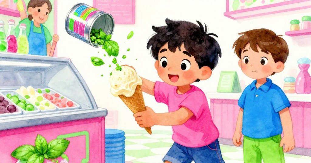 Ronan 的冰淇淋球因撒落綠斑瞬間搖晃，Felix 迅速調整球體，動感中透出溫馨與驚喜的店內情境。