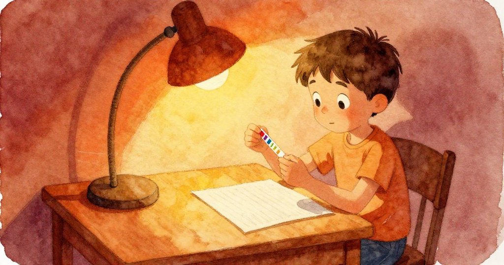 昆恩在工作桌前仔細觀察色塊錯落的試紙，燈光投射出暖色與陰影，表情專注，室內充滿故事感