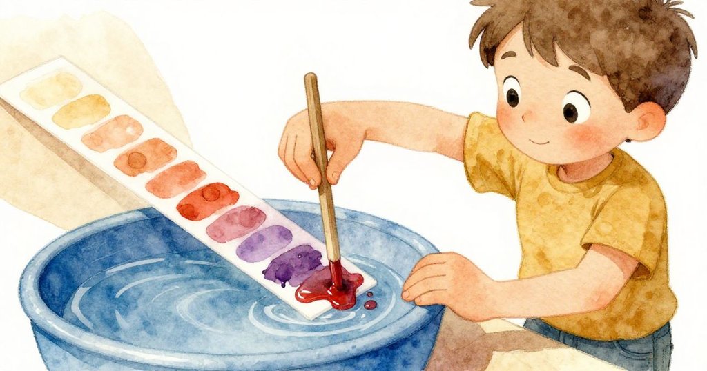 昆恩的手細心將一根工藝棒插入藍色試劑孔，紅色漸變成紫色，細部展現工藝棒和顏色變化，動作精準