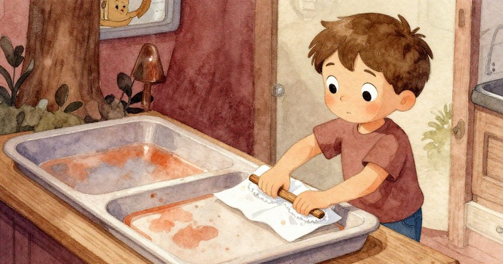 昆恩用紙巾擦拭工藝棒，微小色屑落於桌上，背景中有塑膠盤與洗淨痕跡，層次豐富的工作場景