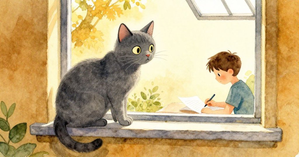 鋼灰貓靜坐窗台內，小心觀察昆恩動作，窗外日光柔和映出報紙細節，畫面充滿靜謐與細膩