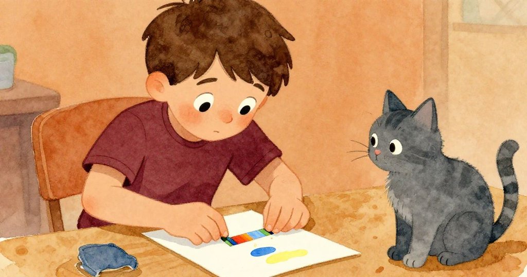 昆恩在報紙上整齊排列試紙，專注調色，伴隨著窗台貓咪期待的目光，場景溫暖且細膩生動