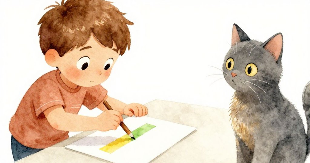 昆恩最終用心塗上黃色，將空白變為正確的綠色線條，臉上堅定表情，窗台貓咪愉悅鳴叫，畫面情感豐富