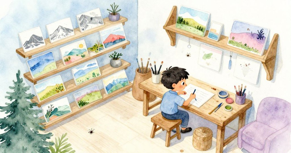 工作坊全景中,Sam正忙碌操作夾具,乾燥架上整齊堆放水彩紙,細節豐富,充滿溫暖而精緻的工藝氛圍。