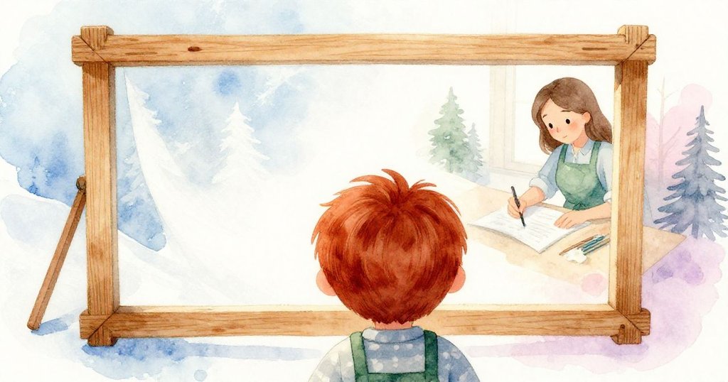 從Sam視角看去,近設雪松框與微漂水彩紙呈現於眼前,背景中Petra專注雕刻,形成緊張又充滿細節的瞬間。