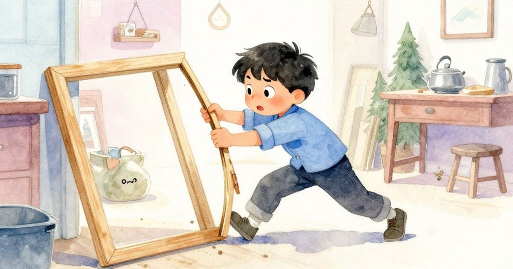 Sam緊急伸手穩住即將下墜的移動框架,面露緊張與堅定神情,動感瞬間凝固,呈現拯救工藝藝術的危機時刻。