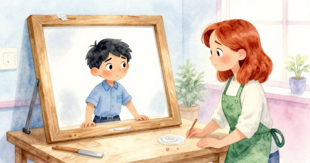 最終框架略微傾斜卻充滿藝術氣息,Petra遠觀檢視,象徵著學習中不完美卻美麗的成長與工藝追求。