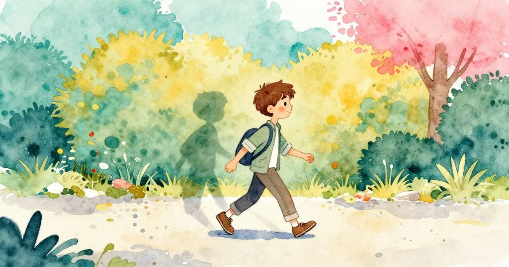 盧克在明亮戶外的石砾路上行走,腳下發出嘎吱聲,神秘腳印引領他踏上冒險之旅