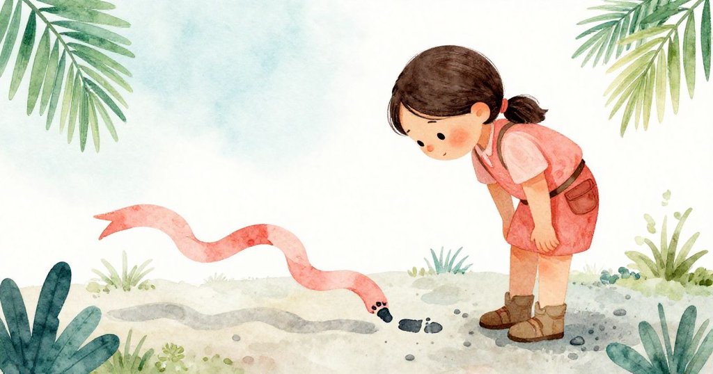 澤達在戶外露濕石砾旁低頭檢查深色腳印,發現飄動褪色緞帶,表情專注而充滿期待