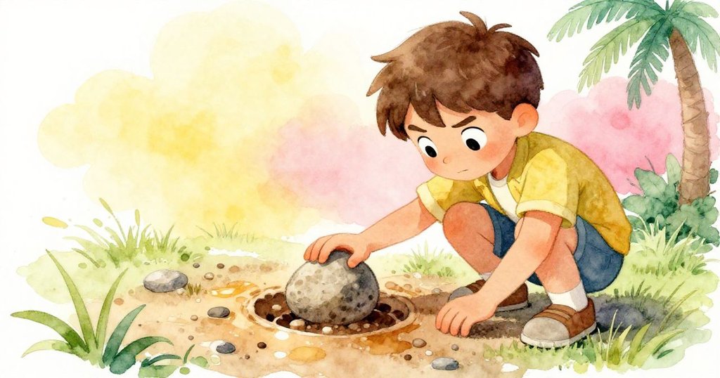 盧克低角度貼近地面仔細檢查石下反射的光影,發現水壺留下光滑痕跡,神情充滿好奇