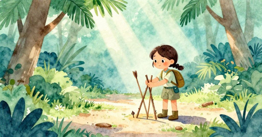 澤達在拐角處小心排列彎曲樹枝箭頭,以自然光線引導穿越陰影重重的小徑,神情專注