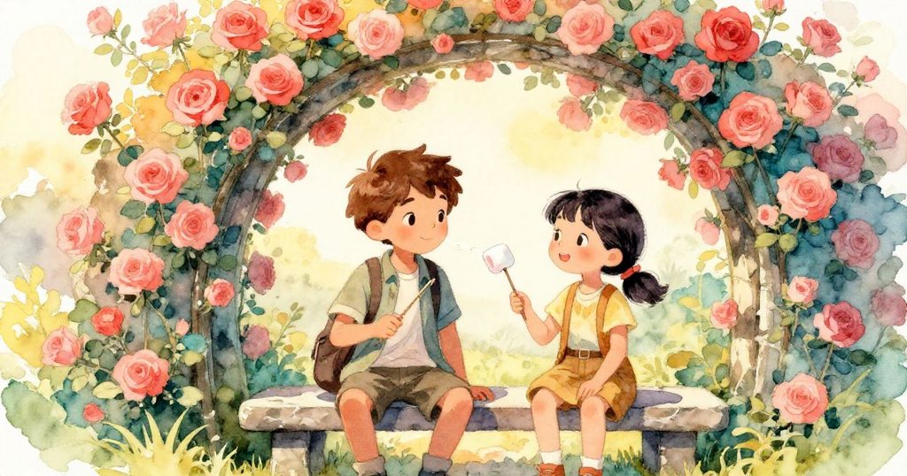 盧克與澤達坐在石凳上共享半融化棉花糖,笑容溫暖,在玫瑰拱門下體驗友愛與甜蜜時刻