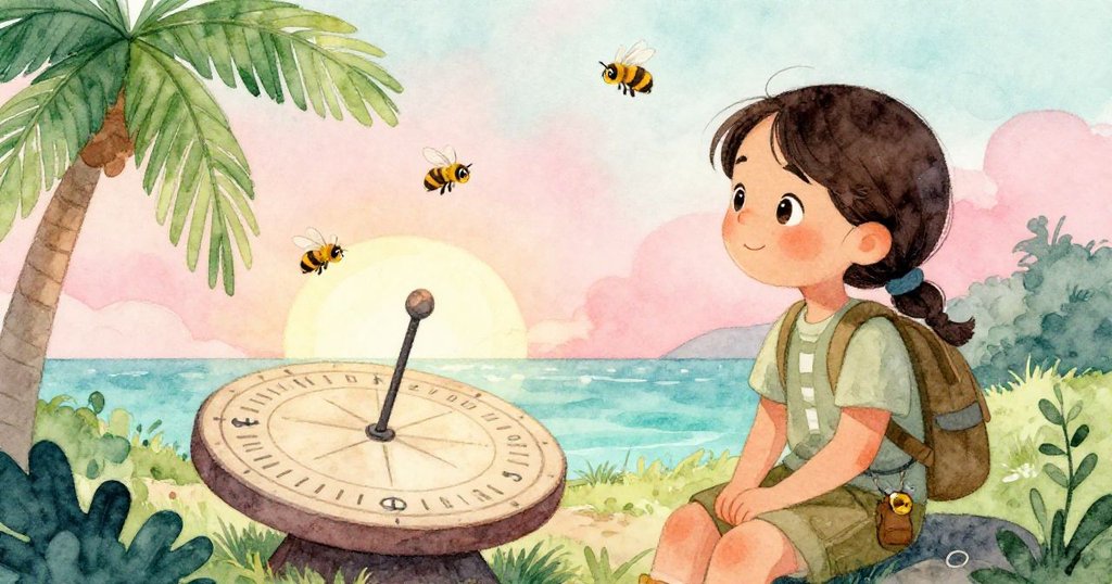 澤達輕坐日晷旁凝望舞動蜜蜂,微笑平和,於靜謐的午後完成一段充滿發現與反思的旅程