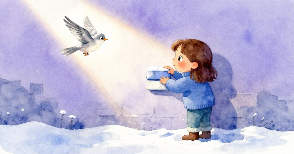 露西亞在冬日雪地中搭建雪牆，仔細堆放藍白磚，銀色小鳥飛舞，神情專注與充滿期待。