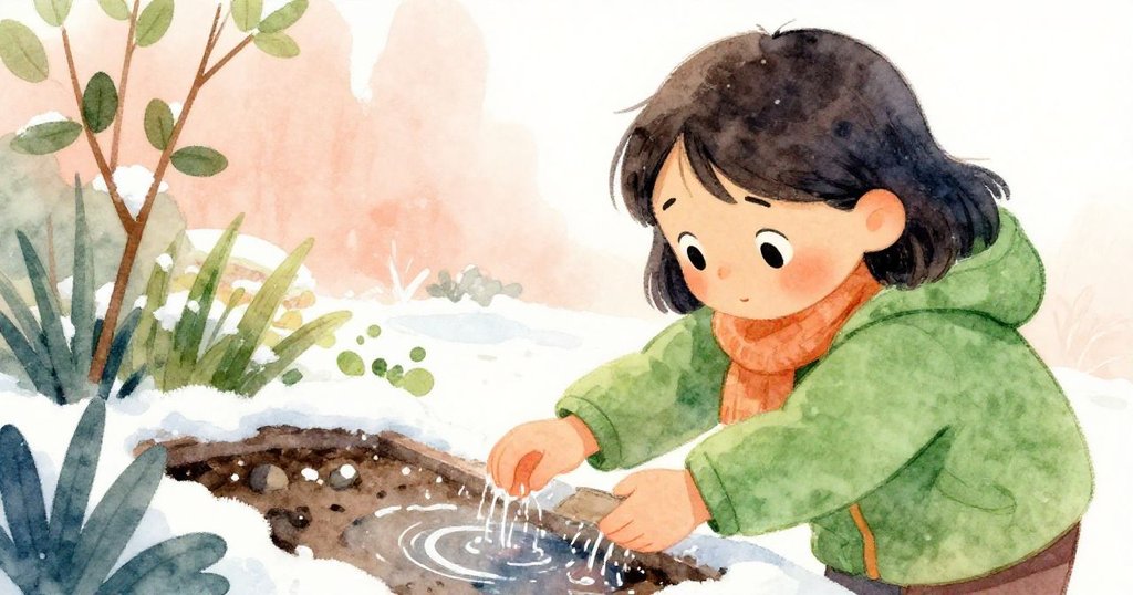 佩翠雅在雪地中專注舀取濕雪，神情堅定，手法細膩，背景隱約有冬季花園的生機。