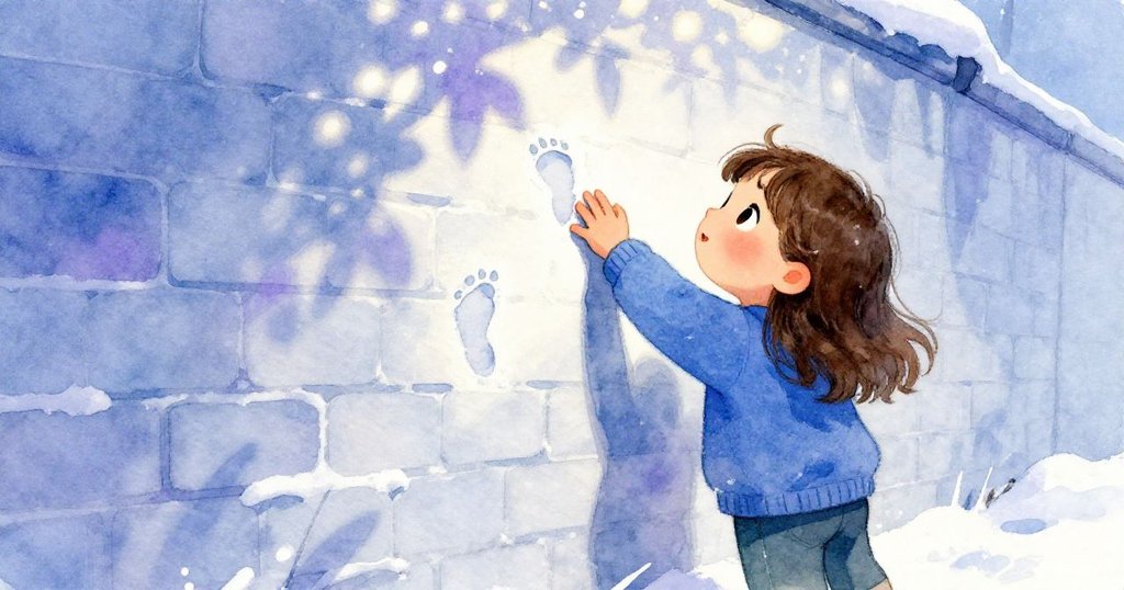 露西亞伸手觸摸雪牆頂端，驚奇地觀察著由融水點綴出的鴿足痕跡，畫面低角度呈現細膩冬景。