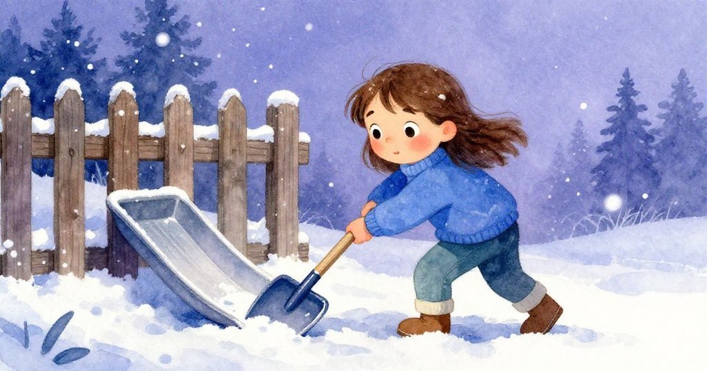 露西亞急速追趕正滑入雪堆的鏟子，迅速將其扶正靠在圍欄上，背景雪花飛舞，展現冬日急迫情景。