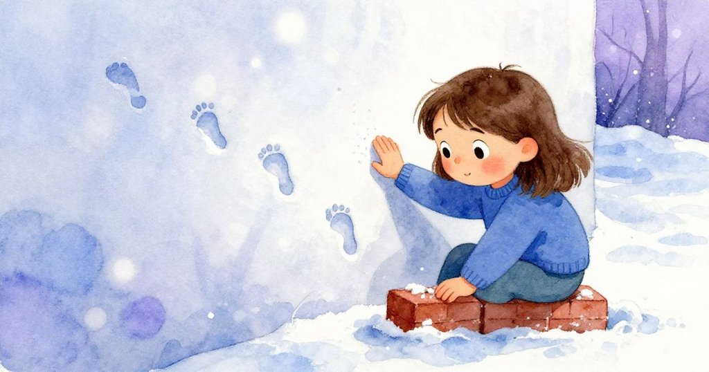 露西亞仔細觸碰發亮的鴿足痕跡，輕柔地推入新磚，雪牆邊緣因融雪凝固而更穩固，畫面溫柔細膩。