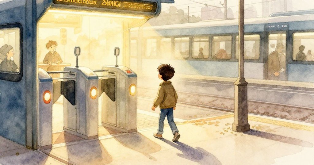 喬納斯在晨曦中走向發光的轉門,柔和金光與長影映襯著早起的車站,充滿探索與希望。