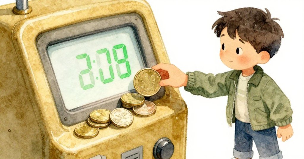 喬納斯專注地將硬幣投入充值機,屏幕上綠色數字逐步上升卻差一分,場面充滿期待。