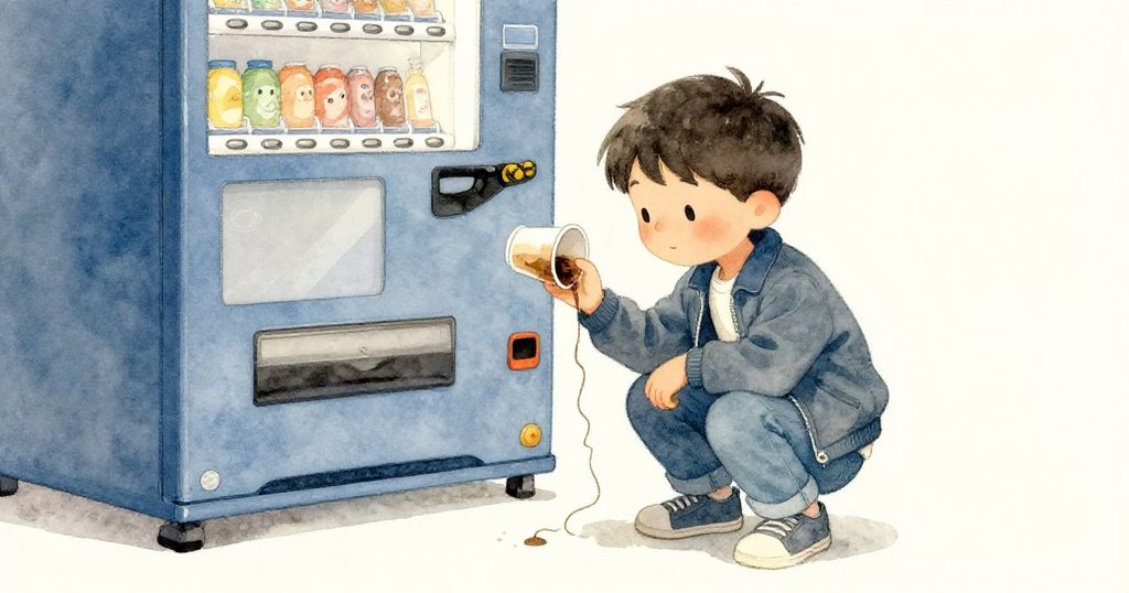 喬納斯蹲下身檢查外套脫線,小販機旁紙杯傾瀉咖啡,動作中流露出緊張與專注。