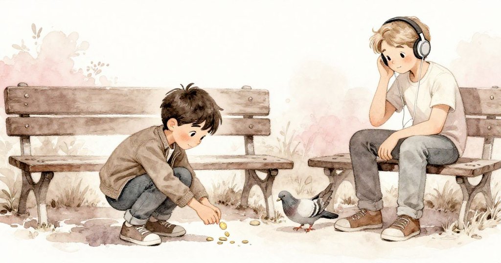 喬納斯蹲下準備拾取閃亮硬幣,鴿子在板凳旁啄食硬幣,維倫戴著耳機靜聽音樂,畫面生動。