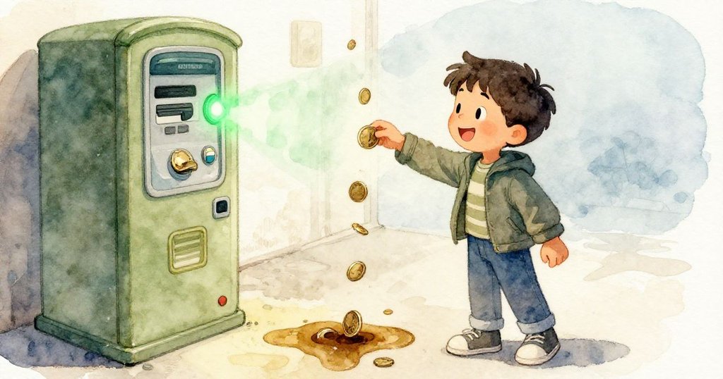 喬納斯滿意地投入最後硬幣,充值機閃現缺失一分,綠燈亮起,微濕咖啡漣漪象徵勝利與堅持。