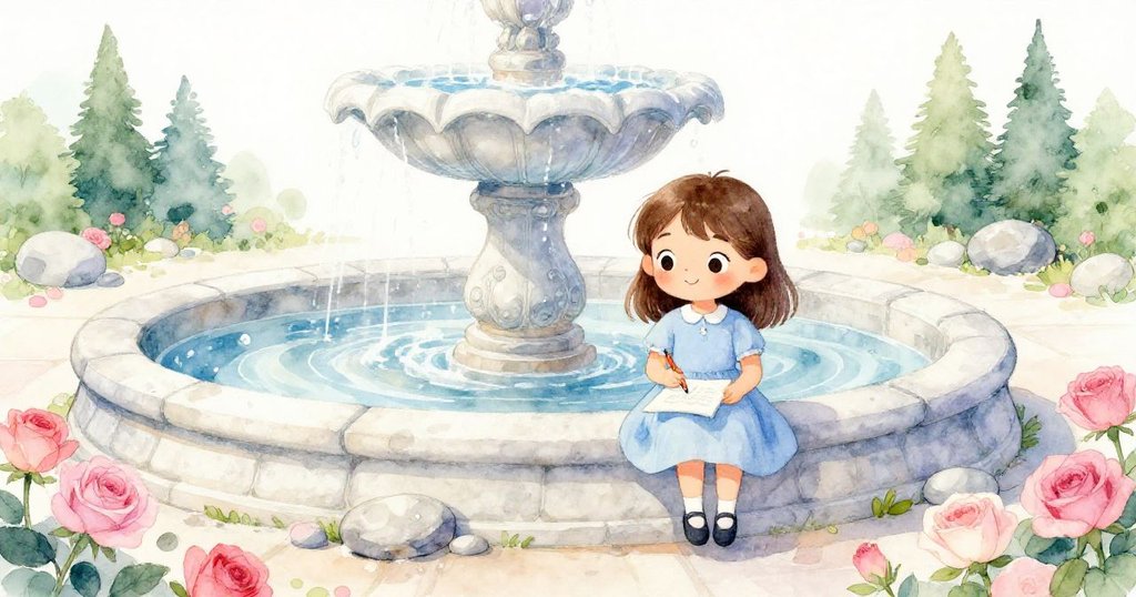 拉克坐在噴泉邊緣,握著寫生本與鉛筆,背景有玫瑰與石頭,表情堅定而充滿期待。