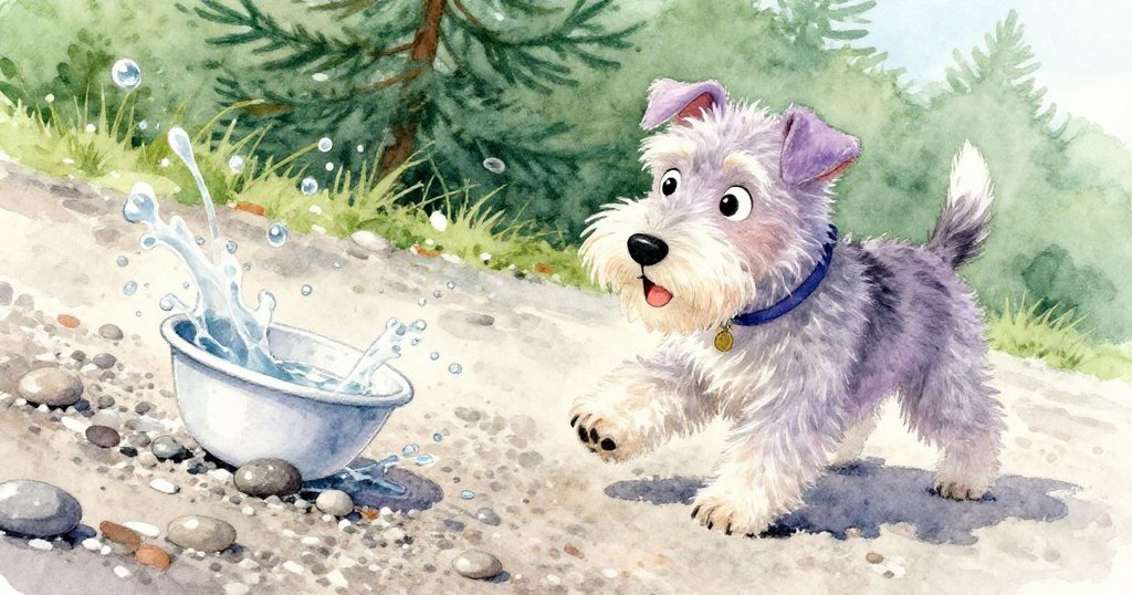 岩石在碎石路上滾動,附著水花飛濺,熱情小狗追逐閃爍水流,視角傾斜充滿動感。