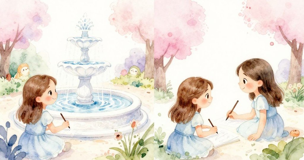 拉克專心寫生,現實噴泉與夢幻畫面交疊呈現,溫柔光影中展現創作與期盼。