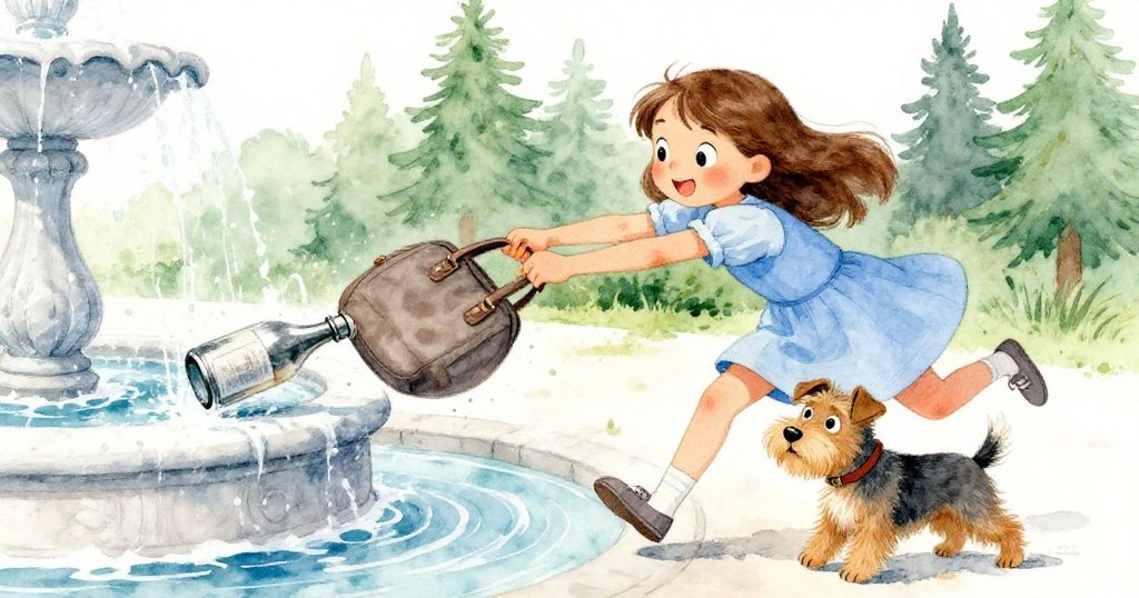 小狗用力拉繩,金屬瓶自噴泉邊滑落,拉克急忙撲救畫袋,緊張瞬間展現行動反應。