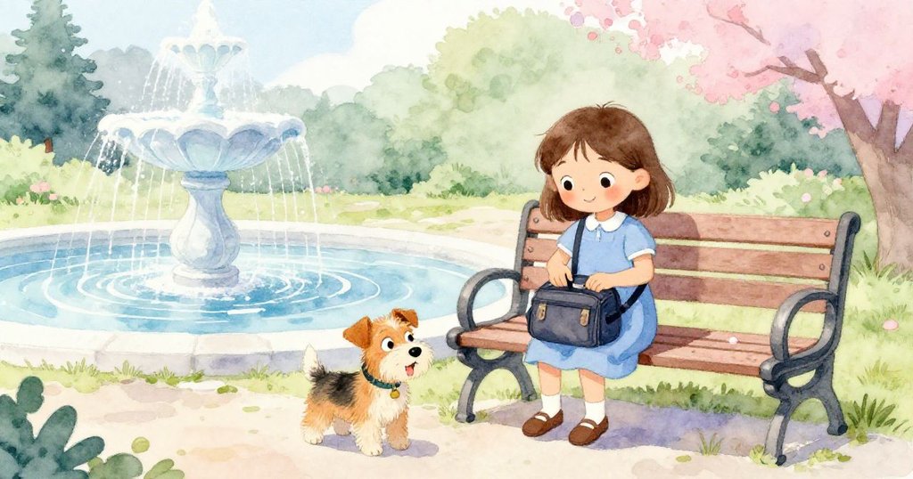 寬廣場景中,拉克穩住畫袋,噴泉水流平靜,附近小狗歡快搖尾,環境自然和諧完結。