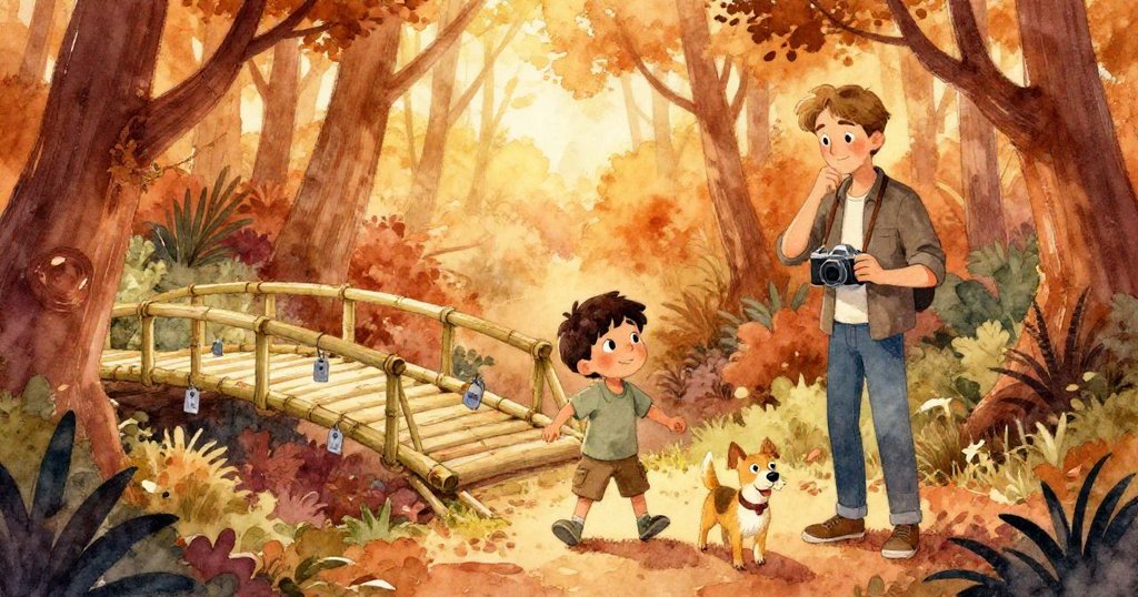 Cruz、Nolan和小狗在陽光灑落的樹林中探勘倒塌竹橋,背景呈現暖金光與木質質感,充滿探索與期待。